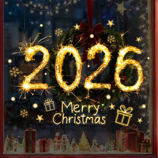 Рождественские стеклянные наклейки 2026 Номер Благословения Золотой Эффект Пламени Водонепроницаемые Легко Наносятся Новогодние Наклейки на Окна