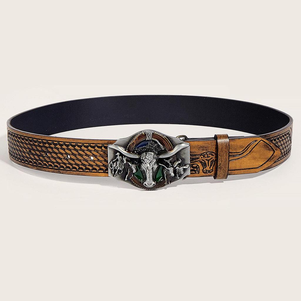In-Stock Western Bull Head Buckle Leather Belt - Trendy Retro Punk Style for Men & Women