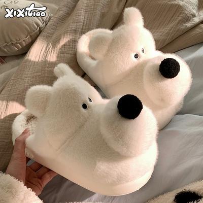 Забавные милые домашние тапочки женские зимние 2024 новые теплые толстые подошвы женские хлопковые тапочки милая собачка плюшевая домашняя обувь