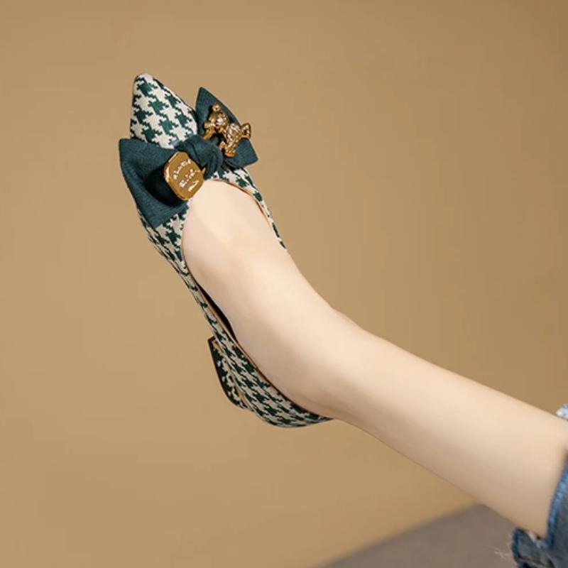 Shoes for Women New Slip On Women's Flats Autumn Pointed Toe Mixed Colors Houndstooth Butterfly-knot Shallow Mouth Shoes