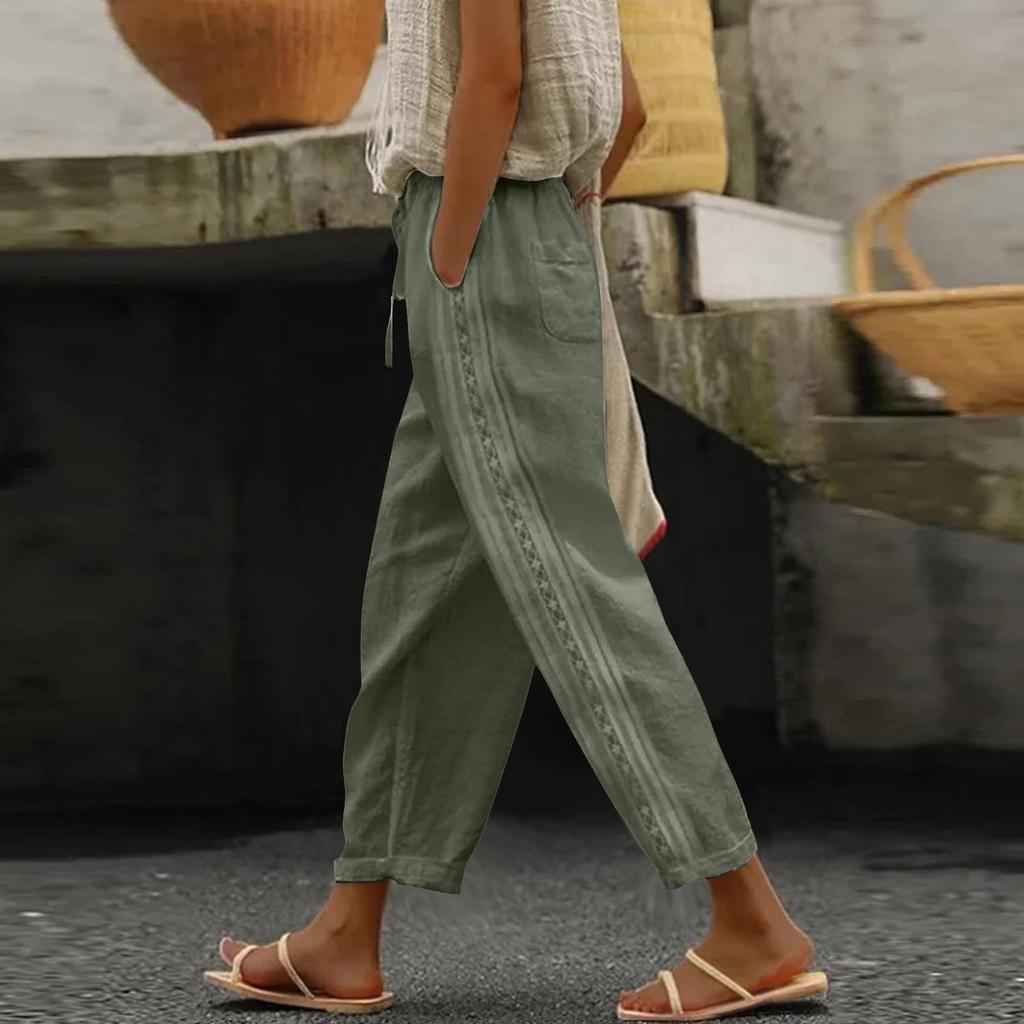 Женские модные мешковатые брюки с карманами, тонкие дышащие кружевные края, однотонные повседневные брюки в стиле ретро
