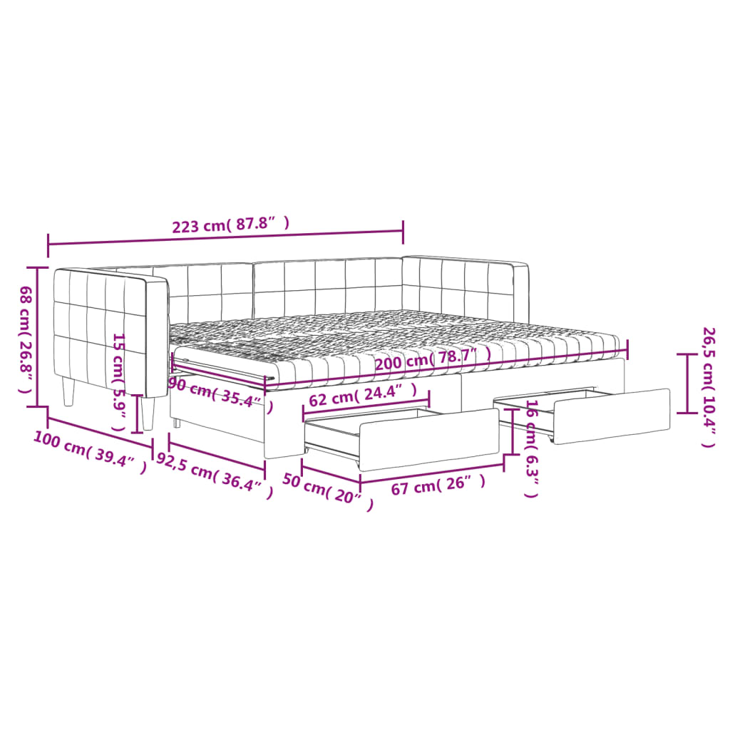 2 in 1 Pull Out Daybed with Drawers Light Gray 90x200 cm Velvet