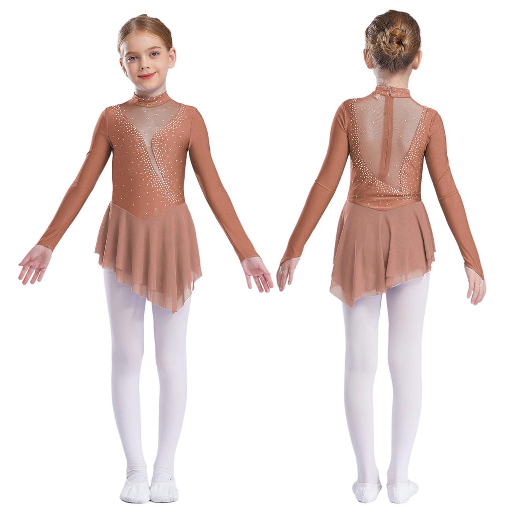 Kid Girls Figure Ice Skating Dress Long Sleeve Irregular Hem Leotard Dress Stage Performance Costume