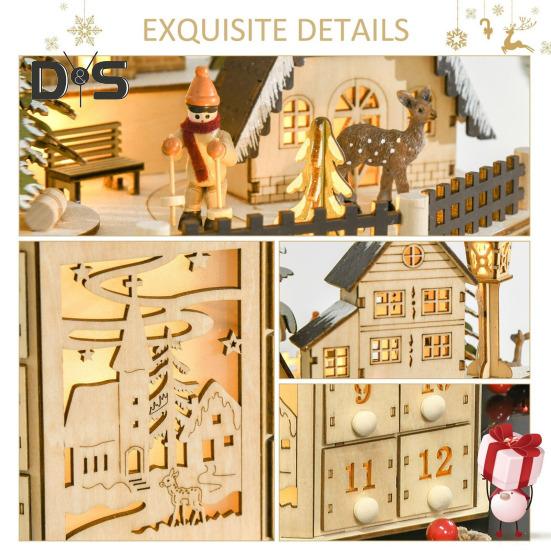 Рождественский адвент-календарь со светодиодной подсветкой, музыкальным деревянным светящимся домиком, обратным отсчетом, 24 ящика, настольное украшение