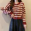 Красный Сладкий Острый Свитер-Пальто с Полосками Женский Осенний с Длинным Рукавом Вязаный Кардиган Короткий Уникальный Шикарный Топ