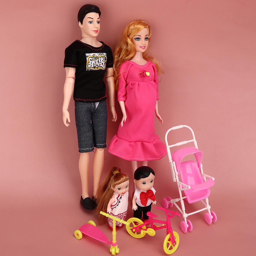 Family Dolls Set of Dad Pregnant Mom Girl Boy Children Role Play House Toy Gift(BlackRose Red )