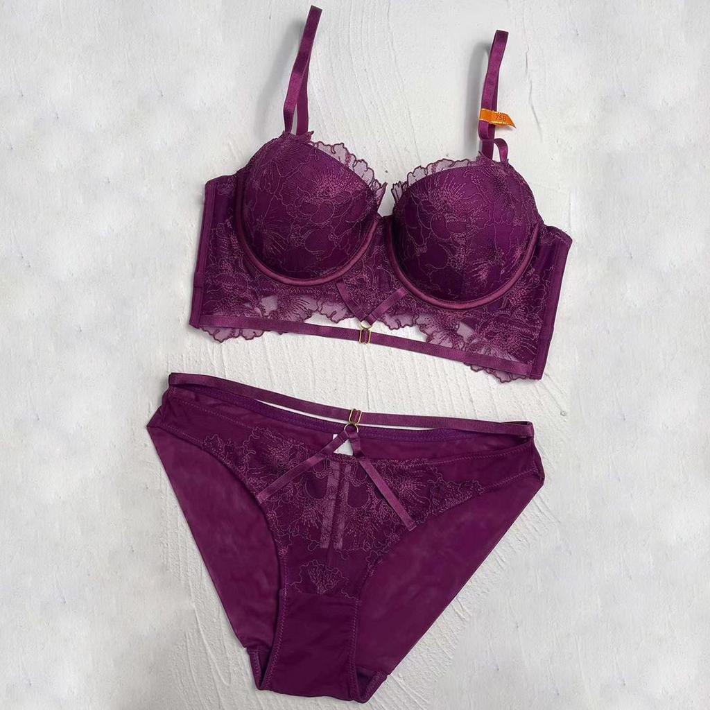 Женский комплект с бюстгальтером, кружевной вышивкой, пуш-ап, глубокий V, чашка 3/4, бюстгальтеры, сексуальные трусы, повседневное нижнее белье, весенне-летние комплекты нижнего белья