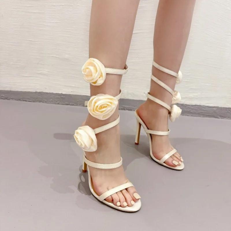Роскошные дизайнерские босоножки с цветочным принтом для женщин 2024 года, летние босоножки на тонком высоком каблуке с обхватом щиколотки, женские элегантные сексуальные туфли-лодочки для женщин на шпильках