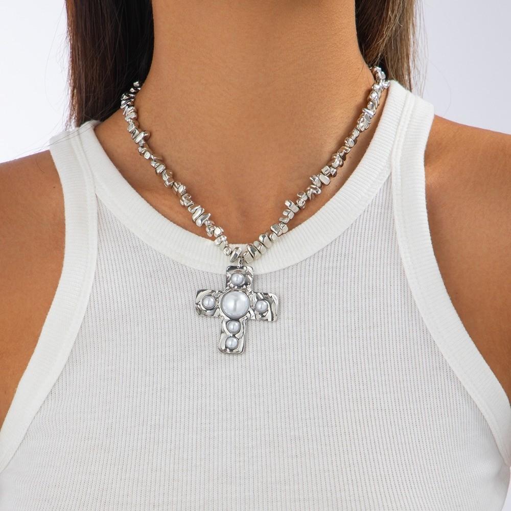 Irregular Beads Cross Pendant Chain Chunky Beads Choker Necklace Clavicle Chain Women's Jewelry