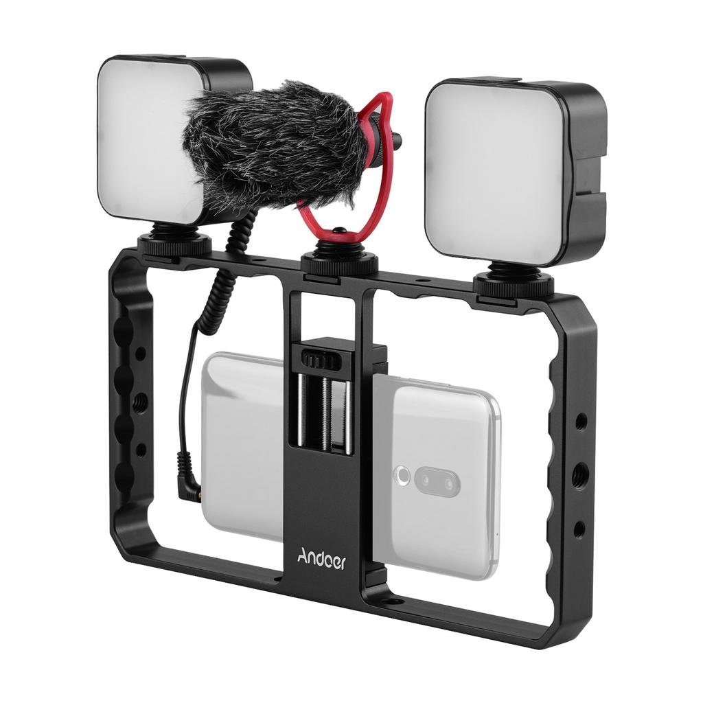 Andoer Smartphone Video Rig Grip with Rig Dual LED Light Microphone with Shock Mount for Vlog