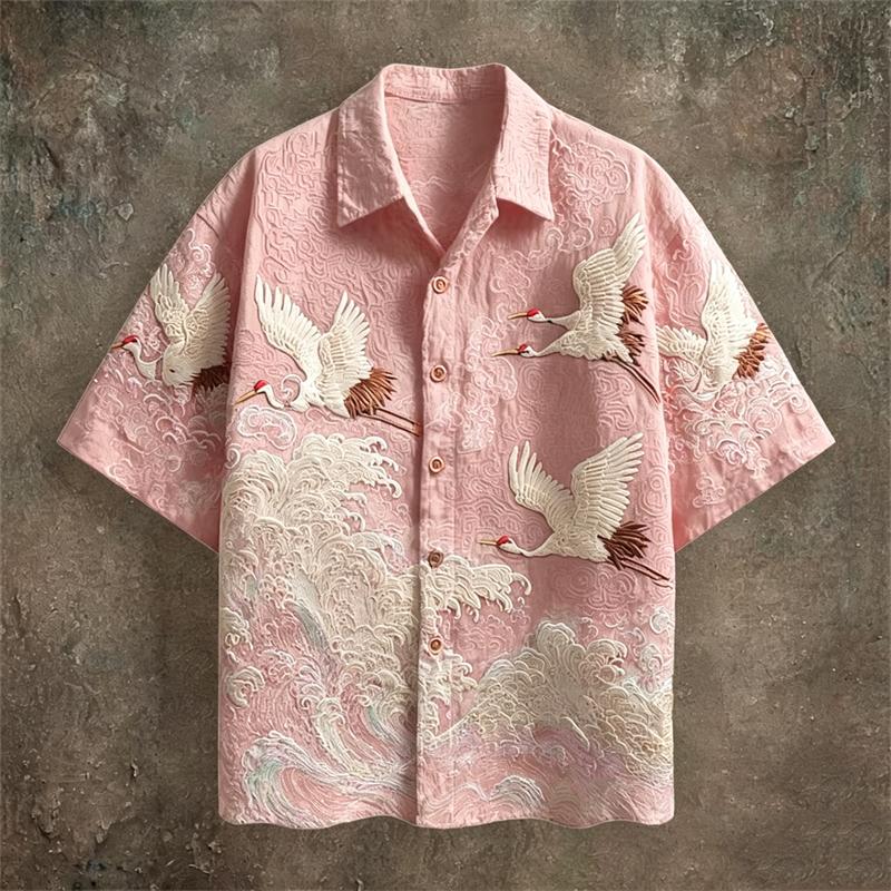 New Dark Green Embossed Dark Pattern Fabric with Flying Crane and Wave Printing for Men's Casual Short Sleeved Shirt