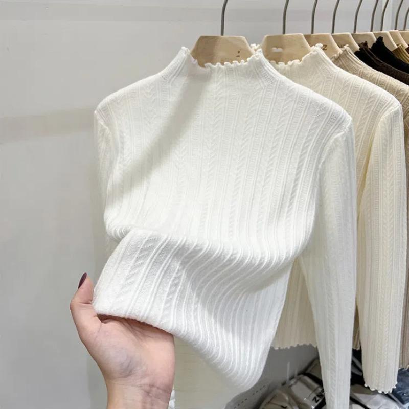 Трикотажная рубашка с кромкой из дерева, нижняя рубашка с полуводолазкой для женщин на осень и зиму с низом, новый женский топ