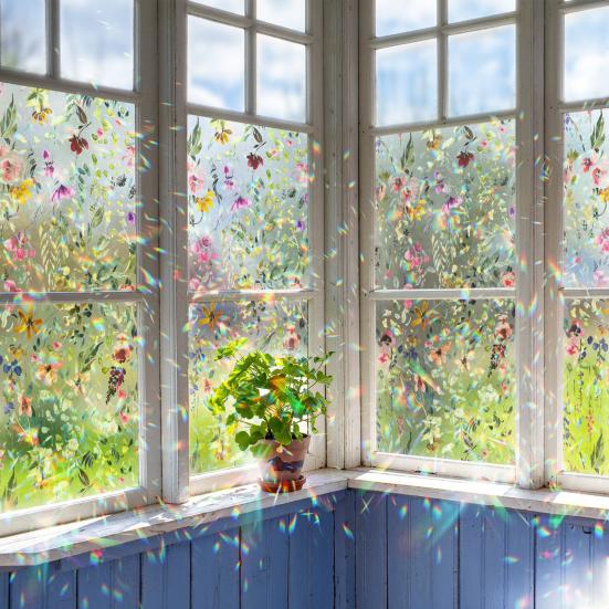 Yousheng Радужная оконная пленка Витражный стиль Цветочные статические наклейки Без клея Многоразовые оконные наклейки для гостиной, спальни, кухни, ванной комнаты