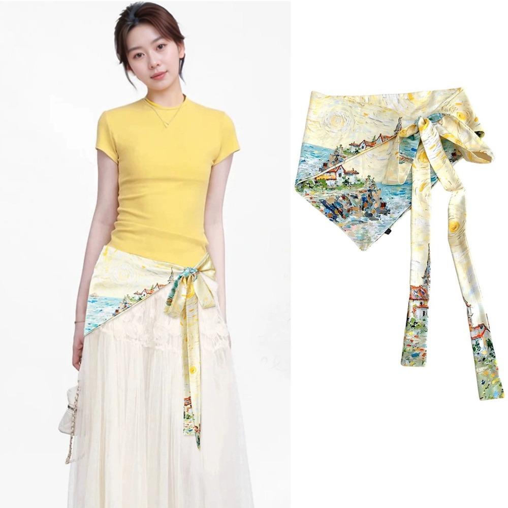 Self Tie Bow Waist Sash Scarf Landscape Print Printed Scarf Belt Silk Scarf Belt Spring Autumn