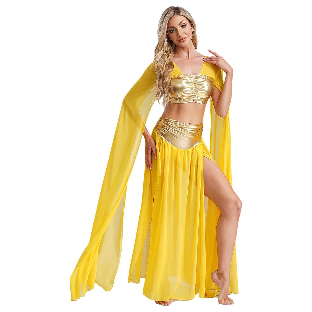 Womens Egyptian Cleopatra Costume Crop Top Split Chiffon Skirt Set Halloween Party Wear