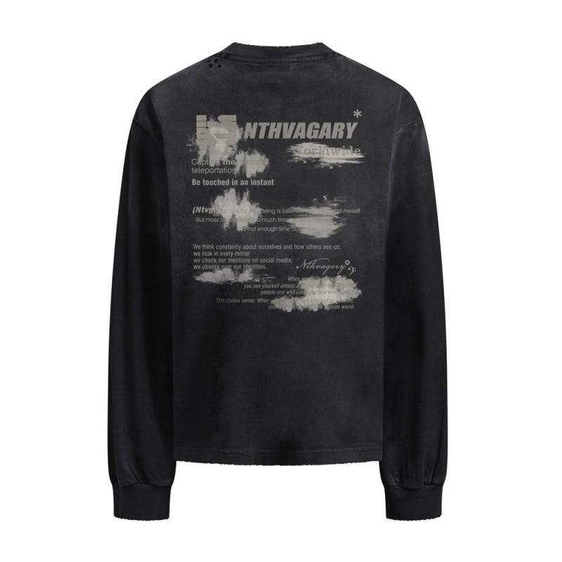 Mens Vintage Distressed Long Sleeve T-Shirt Loose Fit Streetwear 300GSM Heavy Cotton Crew Neck