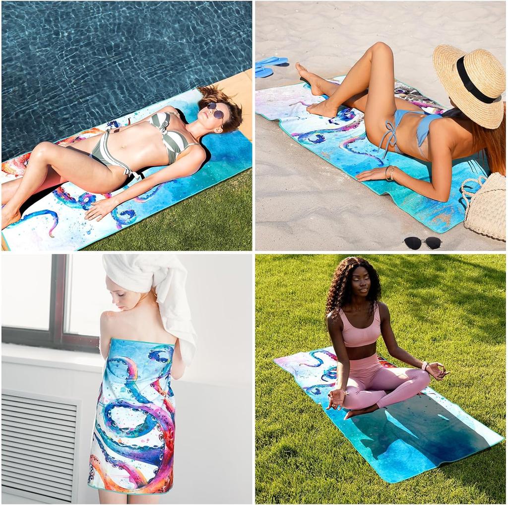 Octopus Kraken Beach Towel, Nautical Ocean Life Cotton Blend Absorbent Bath Towel for Kids Men Women Pool and Travel
