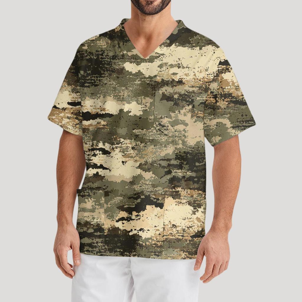 Мужская рабочая блузка с короткими рукавами и v-образным вырезом с принтом, топ с нагрудным карманом