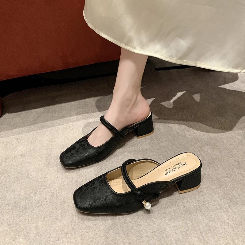 Baotou полутапочки женские летние уличные шлепанцы квадратный носок толстый каблук высокие каблуки сандалии тапочки-мюли жемчужный декор платье обувь