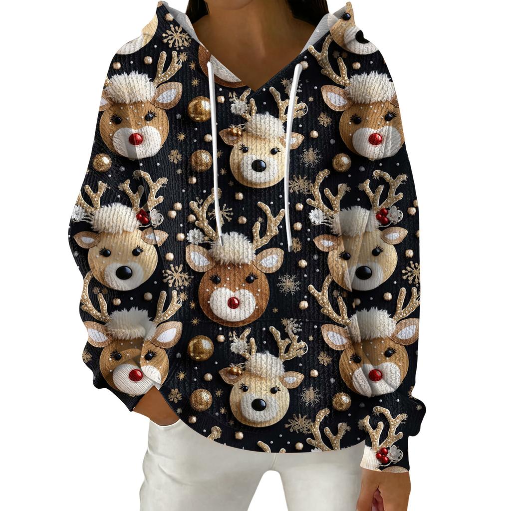Женский модный повседневный пуловер с рождественским принтом, толстовка с капюшоном и длинными рукавами