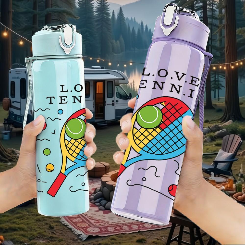 1PC Love Tennis Racket Pattern 750ml Color Plastic Sports Water Bottle Leakproof Flip Straw Lid Suitable for Sports Office Home Use