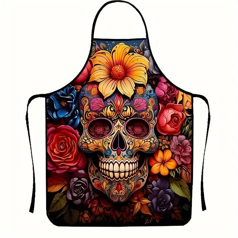 1pc Colorful Skull Print Kitchen Apron - Sleeveless, Home Cooking Apron