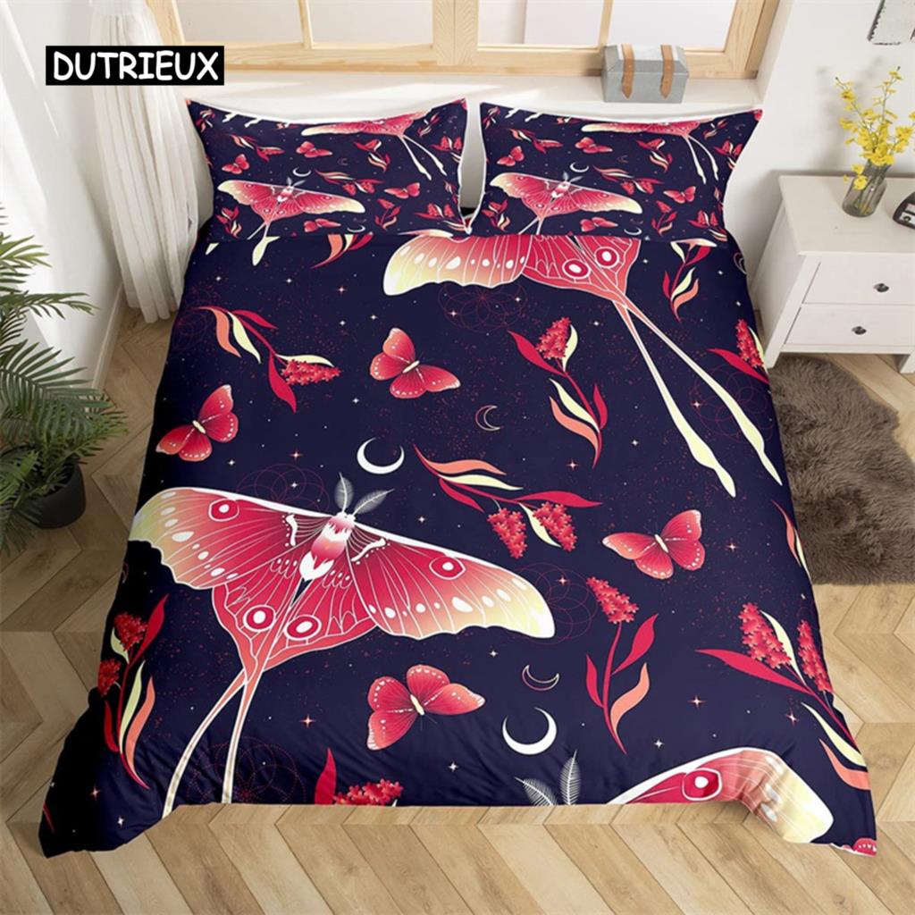 Комплект постельного белья Death Moth Queen Size Gothic Skull Boho, комплект постельного белья с черно-белым декоративным рисунком скелета