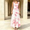 Women Sleeveless U Neck Maxi Dress,Pink Tie Dye Sundress,Abstract Splash Print,Summer Beach Dress
