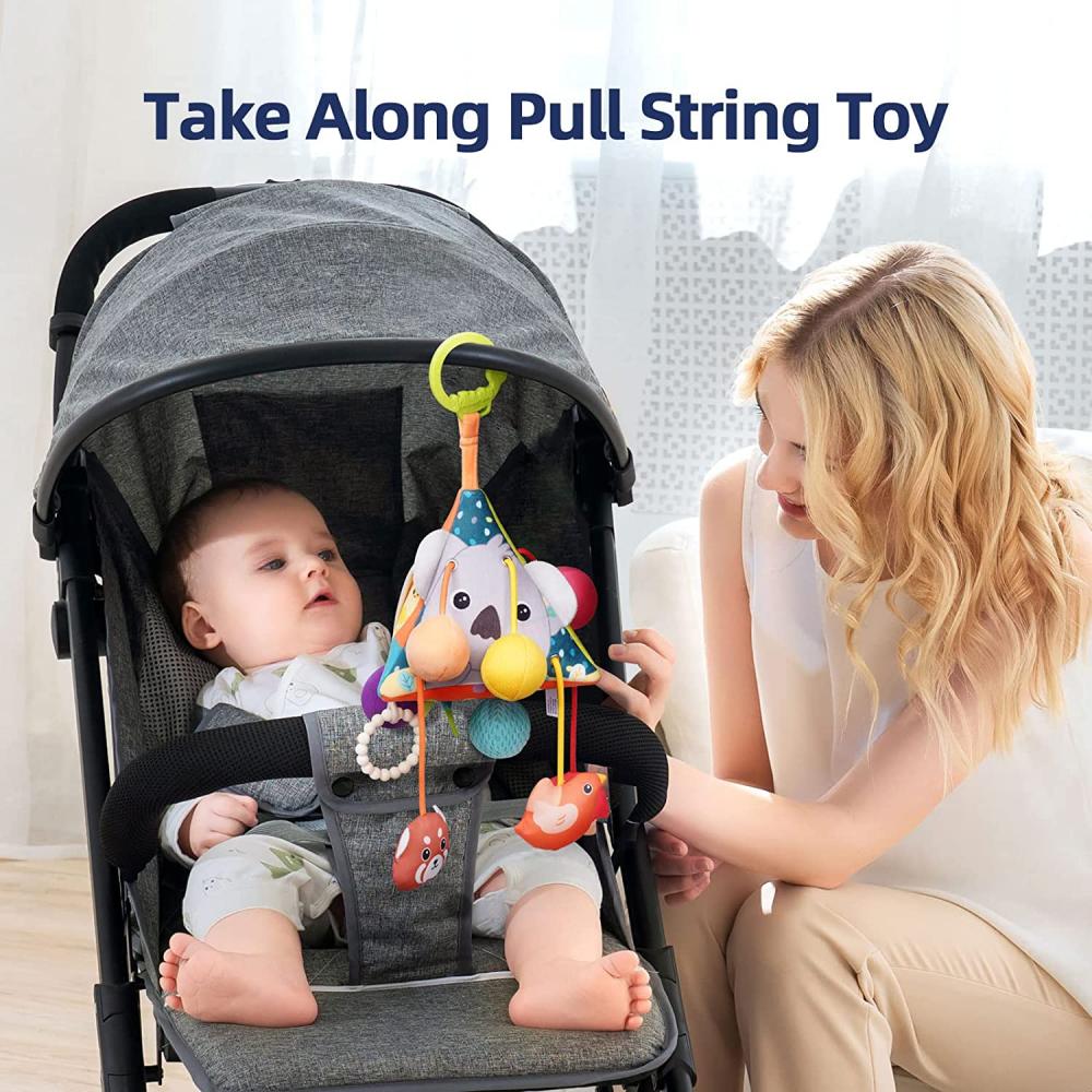 Baby Pull String Activity Plush Toy Crib Stroller Triangle Bell Hanging Rattle Toys with Teether & Squeaker Fine Motor Skills Development Toys Jungle
