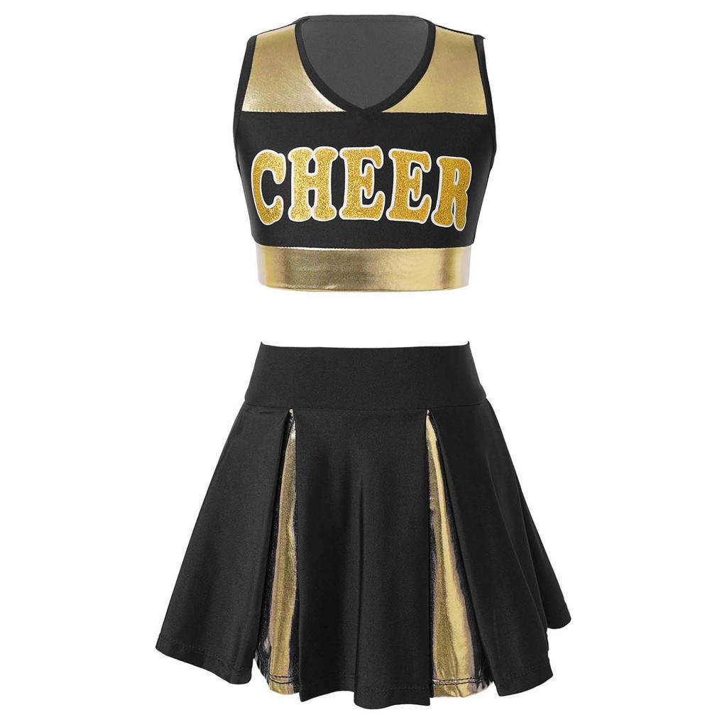 Kids Girls Cheerleading Costume Cheerleader Uniform Sleeveless V Neckline Letter Print Crop Top with Elastic Waistband Skirt