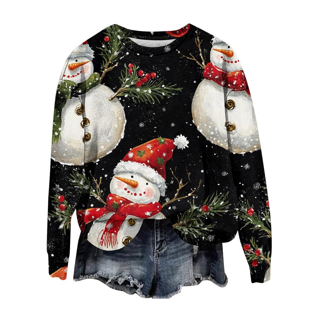 Женская мода круглый вырез пуловер длинный рукав футболка рождественский принт топ