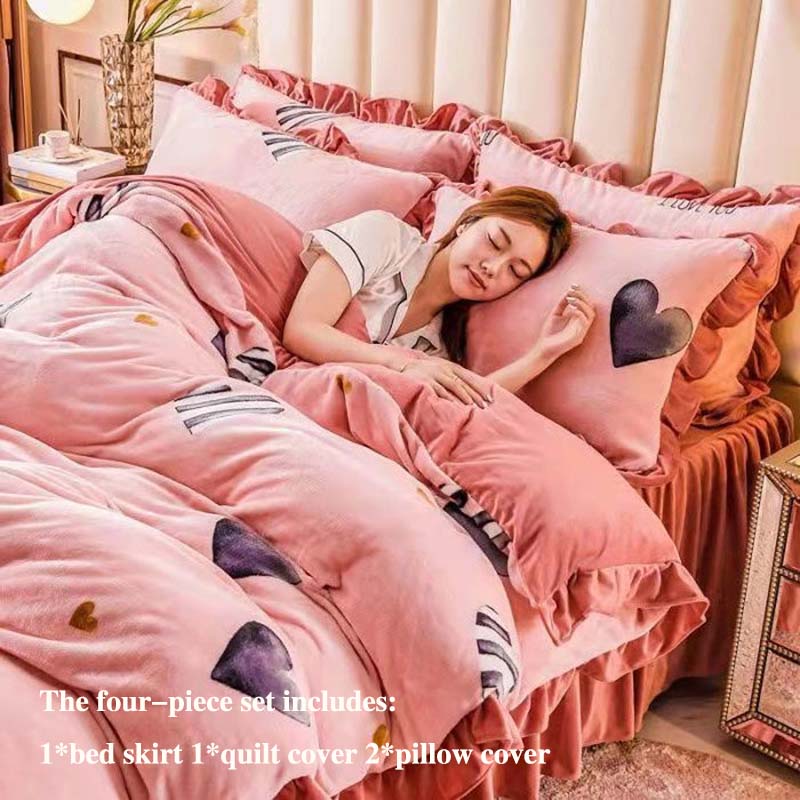 Толстый молочный бархат, четырехсекционная юбка-кровать, пододеяльник, наволочка, плюс бархатный теплый двусторонний пододеяльник, комплект постельного белья
