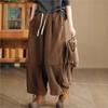 Woman Winter Vintage Splicing Solid Color Cotton Harem Pants Elasticated Waist Chinese Style Casual Pants