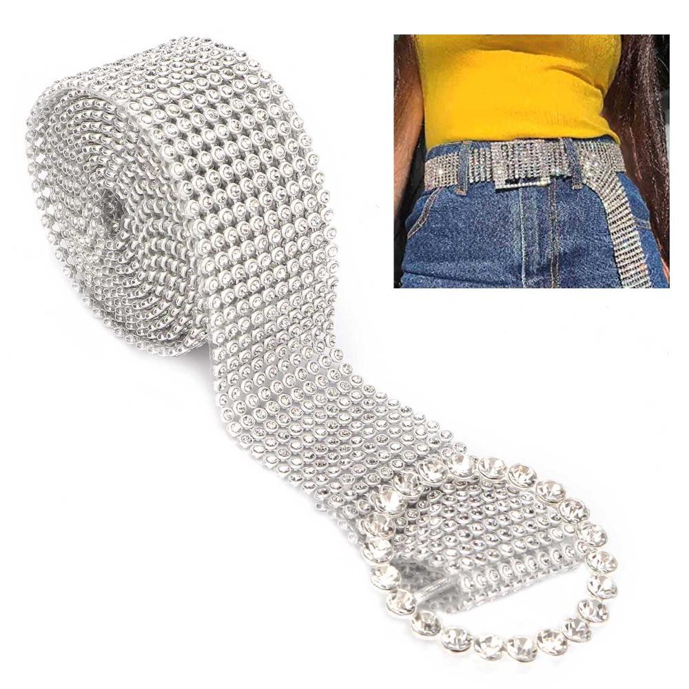 1pcs Adjustable Rhinestone Belt Silver Crystal Belt Fashion Shiny Waistband  For Women