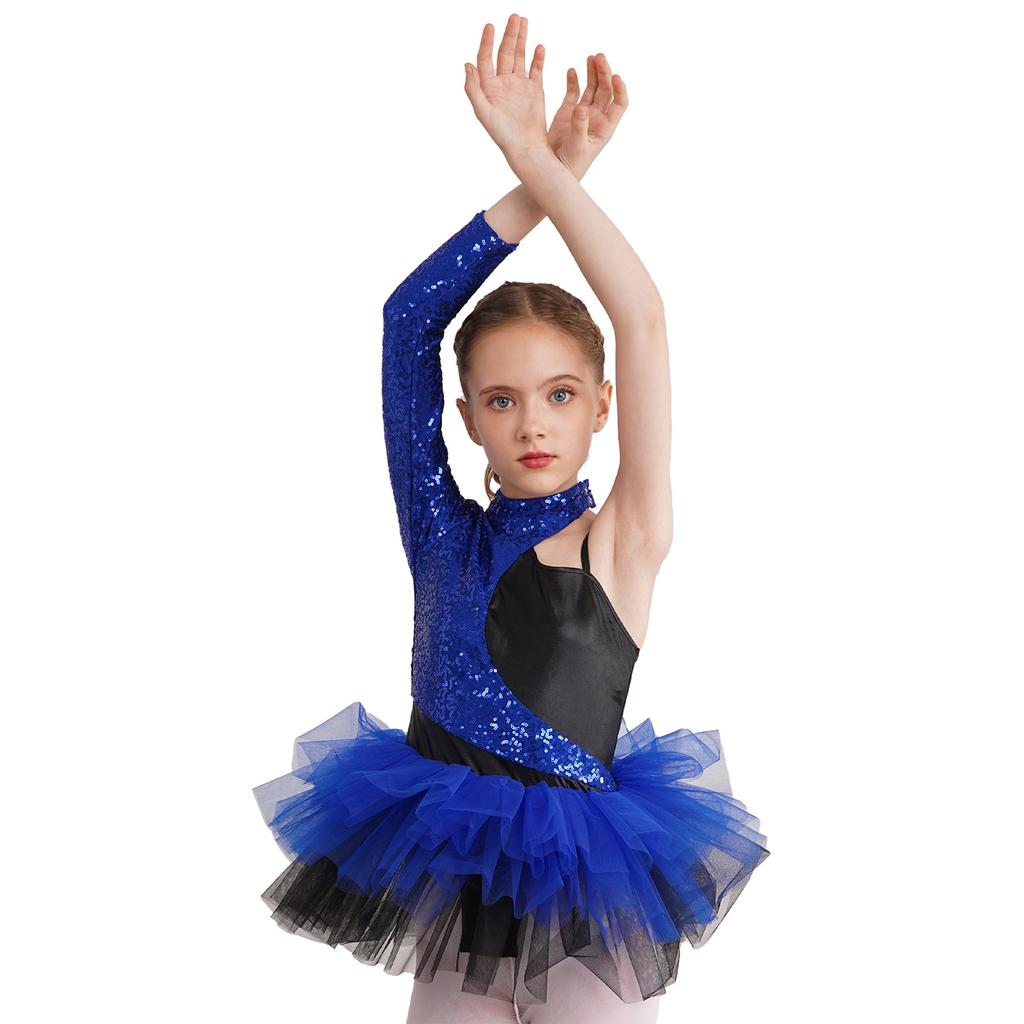 Платье для танцев с блестящими пайетками для девочек, дизайн с асимметричным рукавом, контрастная тюлевая юбка, стиль леотарда, наряд для выступлений