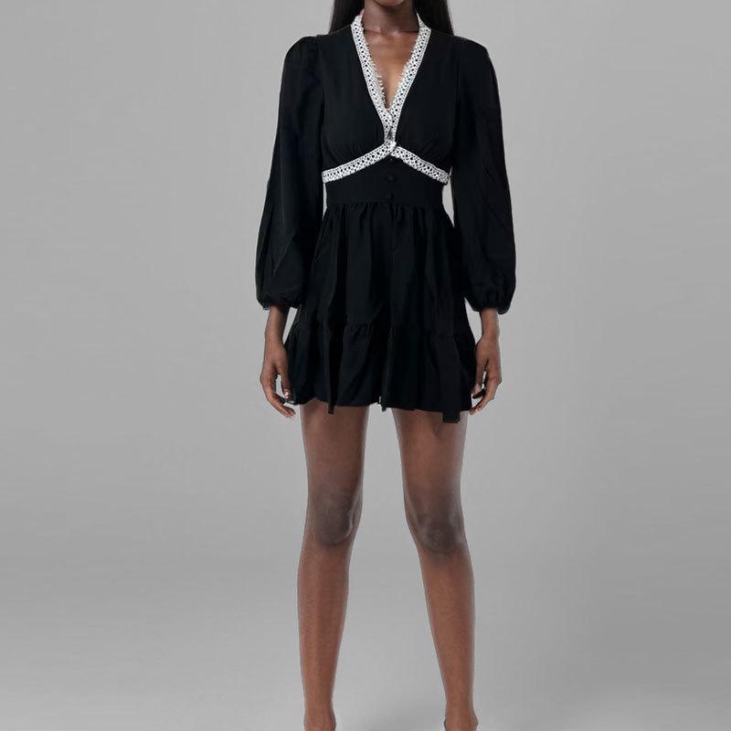 2025 Весна Европейское и Американское Женское Милое Платье с Коротким Рукавом и V-образным Вырезом, с Кружевной Талией