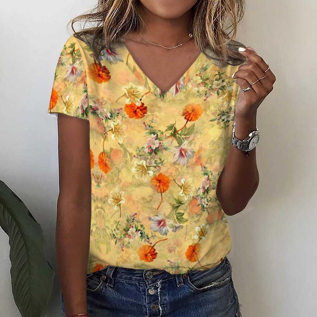 Модная футболка с 3D принтом подсолнечника и цветочным принтом, летние женские футболки с v-образным вырезом в стиле Харадзюку, уличная одежда больших размеров, футболки Y2k, верхняя женская одежда