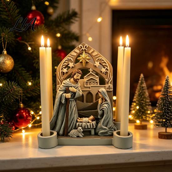 Handcrafted Nativity Figurine Sets Christmas Scene Candle Holder, Holy Family Manger with 4 Classic Religious Ornaments Slots, Vintage Candlestick for