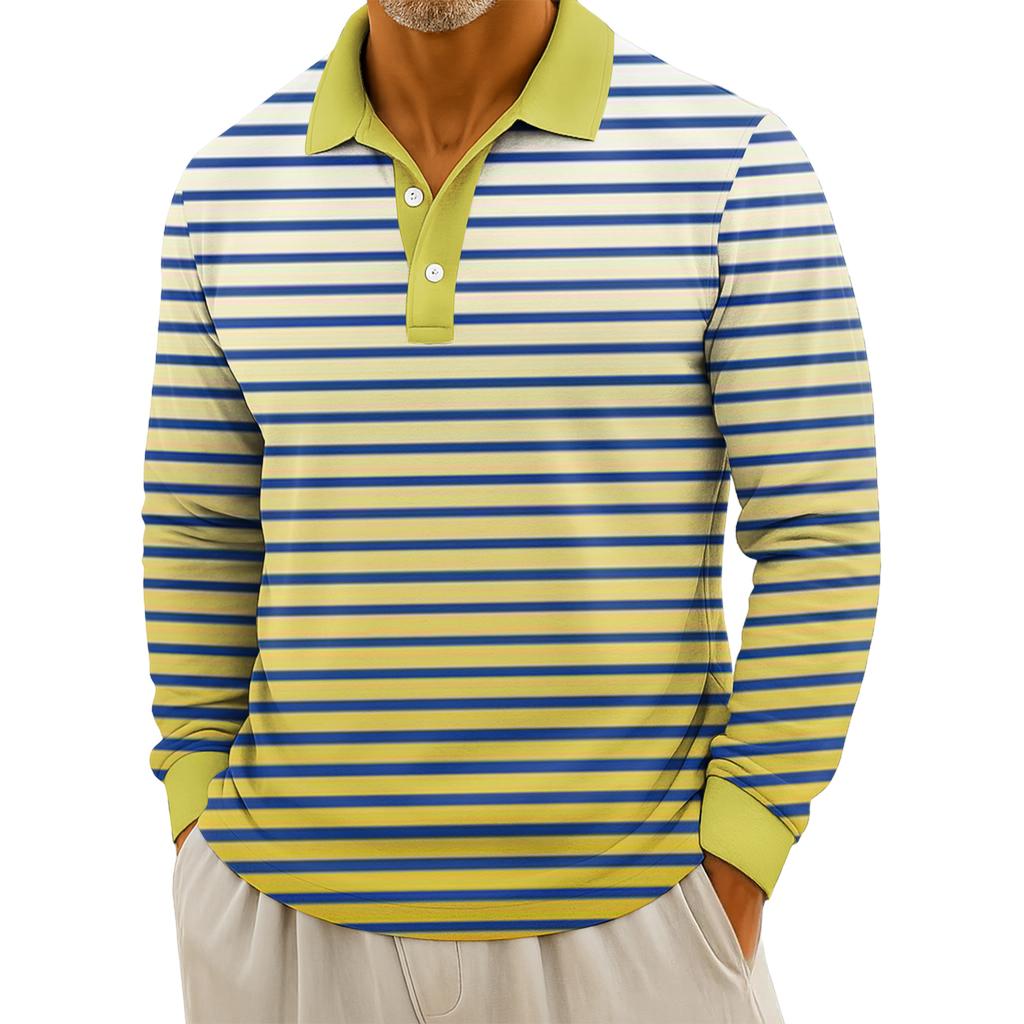 Men's Casual Striped Print Button-Up Long-Sleeve Tops