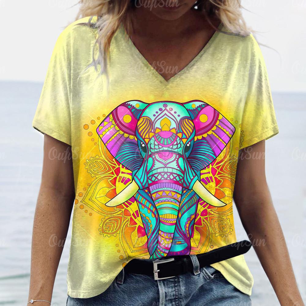 Топ Женская футболка с принтом слона Женская футболка большого размера Летняя женская одежда Футболки с V-образным вырезом и принтом животных Женская мода