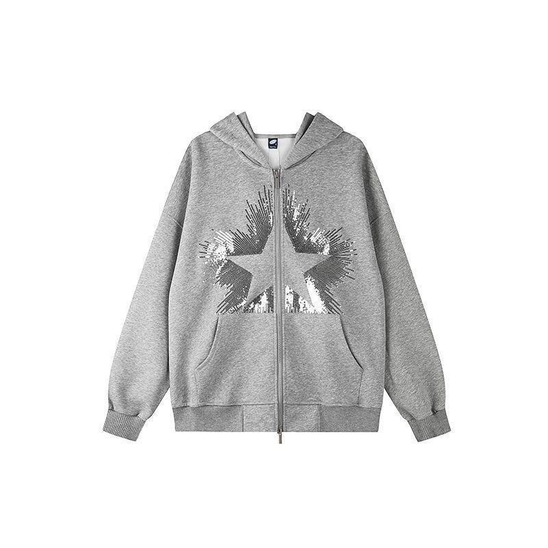 Unisex Oversized Hooded Zip-Up Sweatshirt Streetwear Vintage Sequin Loose Fit Cotton Blend Fall 2026