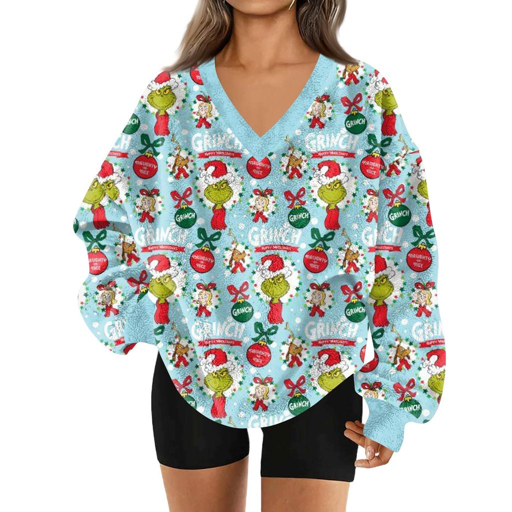 Женский модный пуловер с V-образным вырезом, рождественским принтом, длинным рукавом, повседневный, плюшевый, теплый, с карманом, толстовка, топ