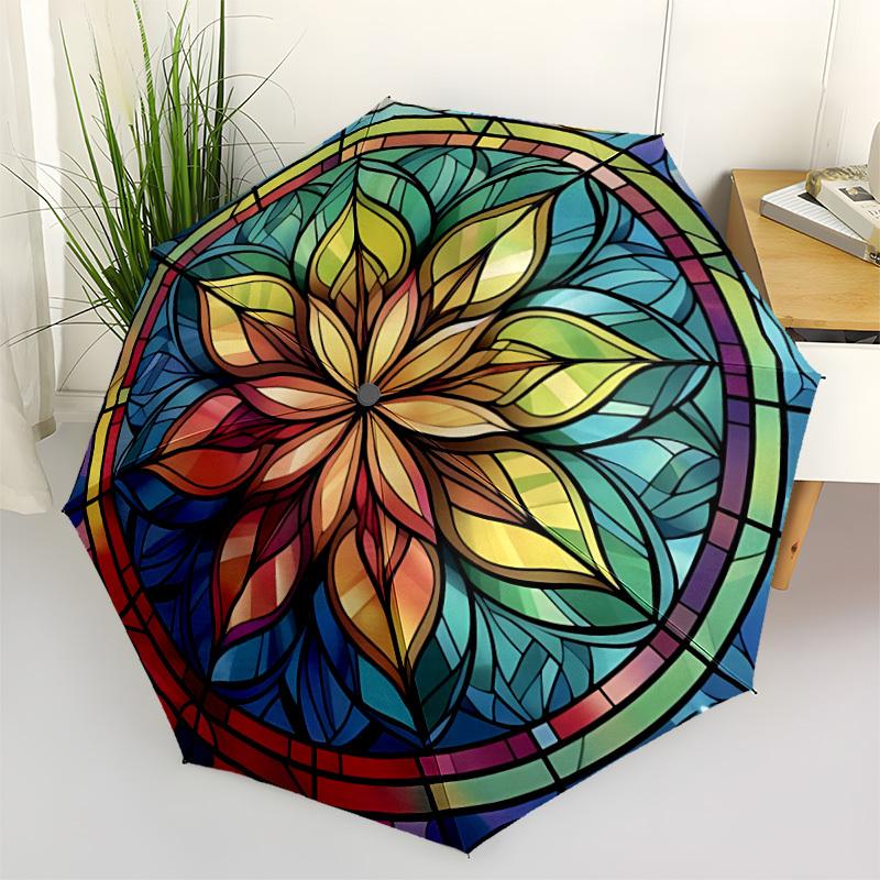 1pc Stained Glass Mandala Automatic Open/Close Umbrella, Portable Folding Umbrella, Compact Travel Umbrella for077