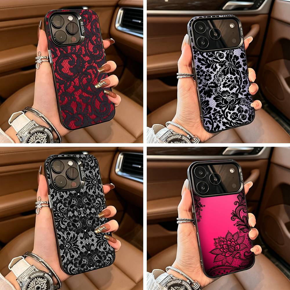 Beautful Black l-lace print Phone Case For IPhone17 16 11 12 13 14 15 16 Pro Max Plus Cover Colored Silver Funda Bumber