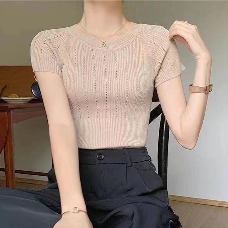 Ageing Round Neck Hollow Vertical Stripes Short-sleeved Knit Shirt Summer Simple Youth Thin Tops Women Casual Essential Slim Fit Pullovers Tees