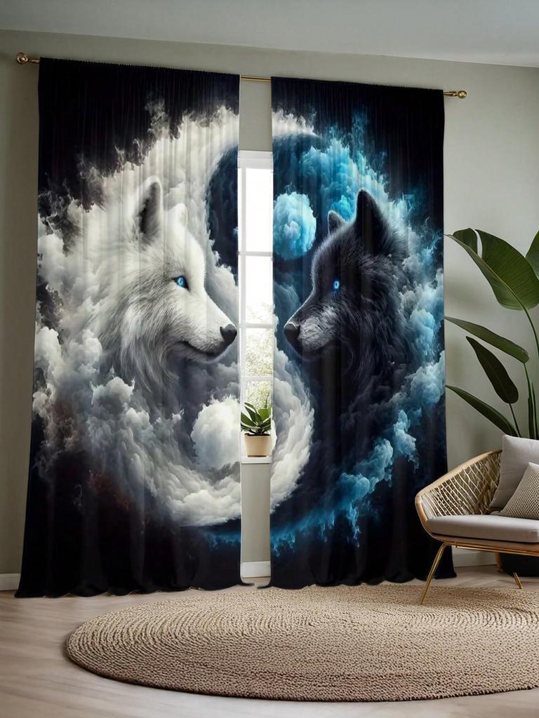 2pcs Set Modern Wolf Pattern Light Filtering Curtains Ice Fire Animal Print Design Machine Washable Flannel Fabric Decorative
