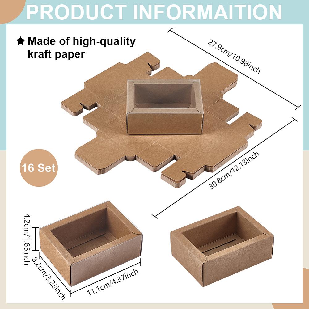 16pcs Kraft Paper Cardboard Gift Drawer Boxes with Plastic Cover Rectangle BurlyWood Finished Product: 11.1x8.2x4.2cm