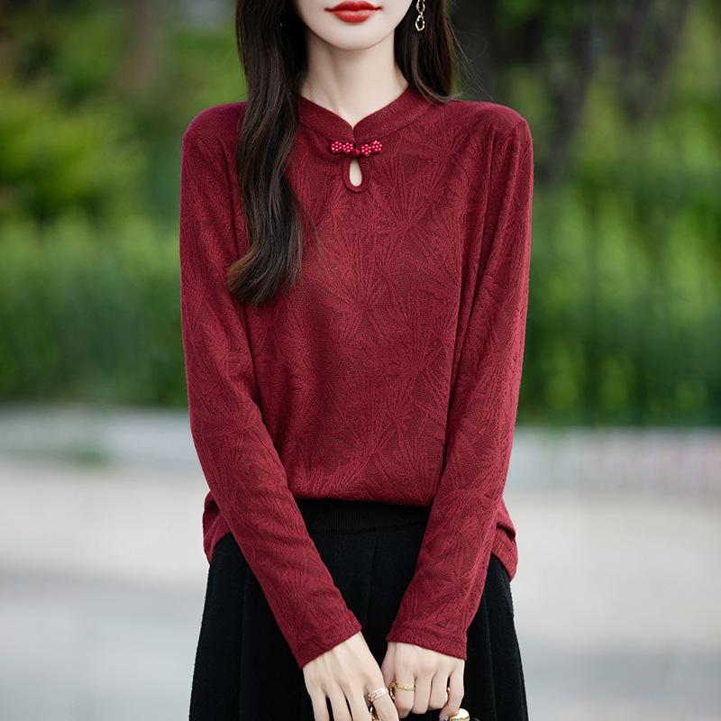Women S New Chinese Style Stand Collar Jacquard Loose Thin Base Layer Top