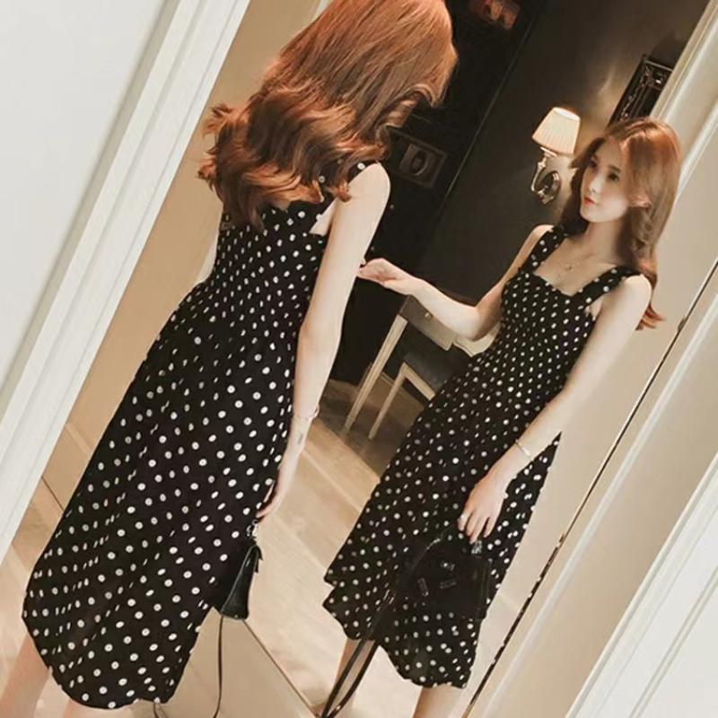 Fashion Women Loose None Sleeve Polka Dot Shoulder Plus Size Casual Dress