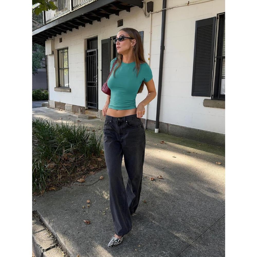 Женские топы, модные базовые футболки с круглым вырезом и коротким рукавом, облегающие милые укороченные топы, рубашки, повседневная женская летняя одежда